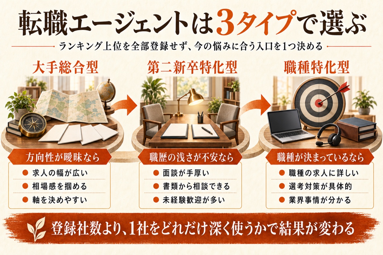 転職エージェントの3タイプ(大手総合型・第二新卒特化型・職種特化型)と、それぞれが向いている人を整理した図解
