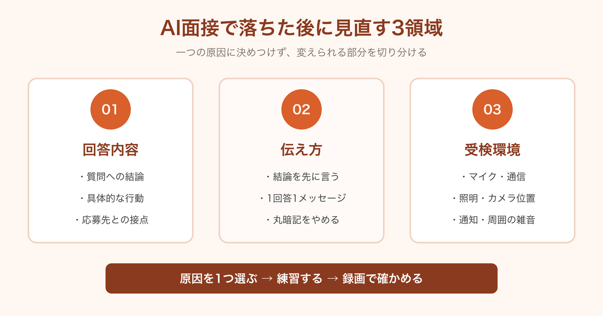 AI面接で落ちた後に見直す回答内容・伝え方・受検環境