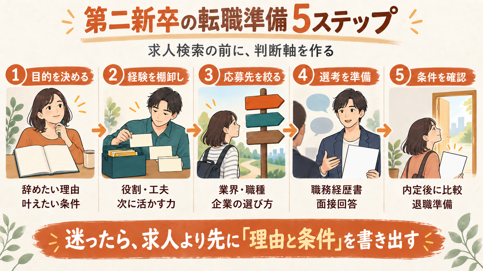 第二新卒の転職準備を5ステップで示した図解