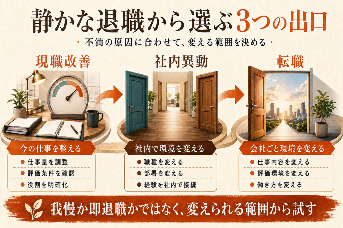 静かな退職から現職改善・社内異動・転職の3つの出口を選ぶ図