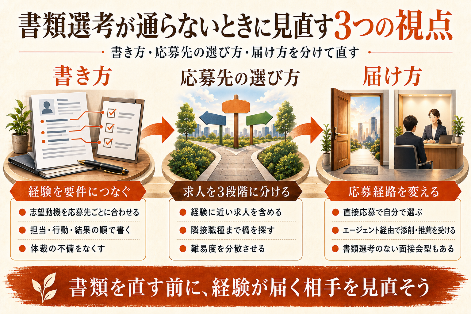 書類選考が通らないときに見直す3つの視点。書き方・応募先の選び方・届け方を分けて直す図解