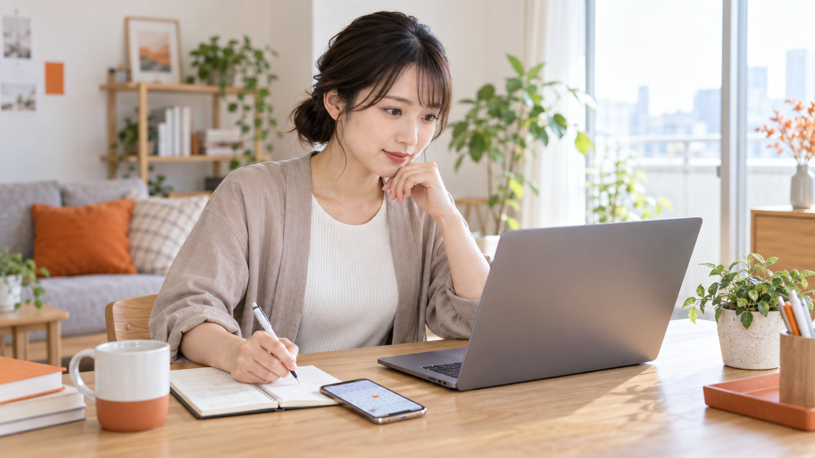 転職サイトの求人を見ながら希望条件を書き出す20代の女性
