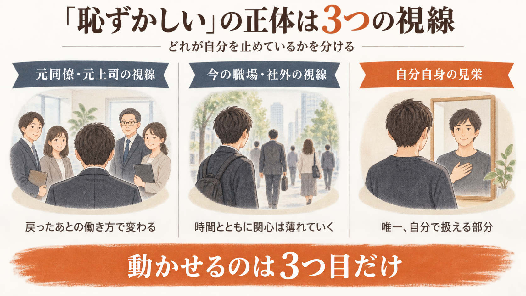 出戻り転職の「恥ずかしい」を元同僚の視線・今の職場の視線・自分の見栄の3つに分けた図