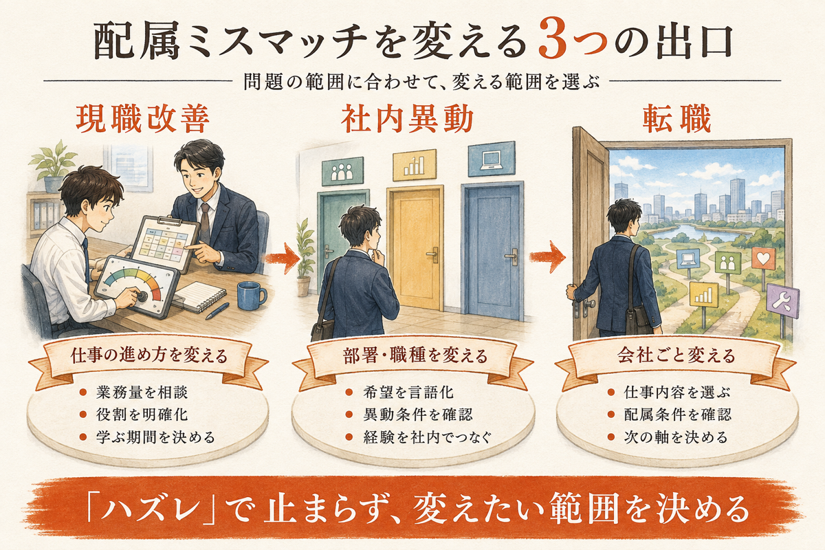 配属ミスマッチの範囲に合わせて現職改善・社内異動・転職を選ぶ3つの出口