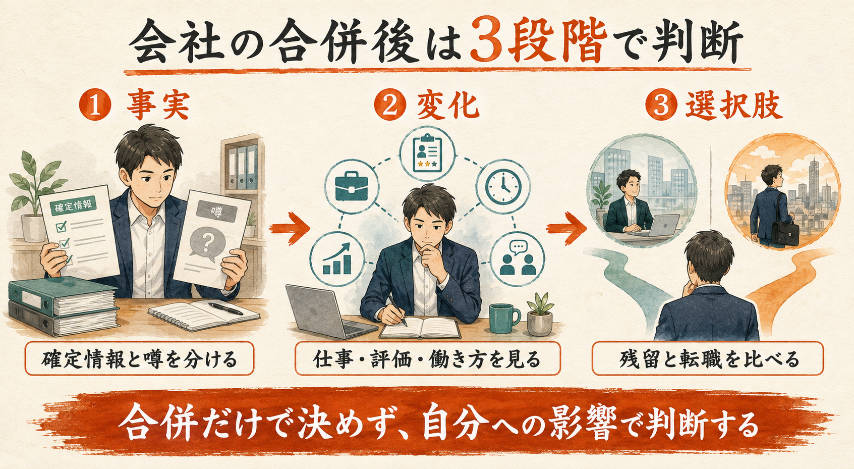 会社の合併後に事実・変化・選択肢の3段階で判断する図解