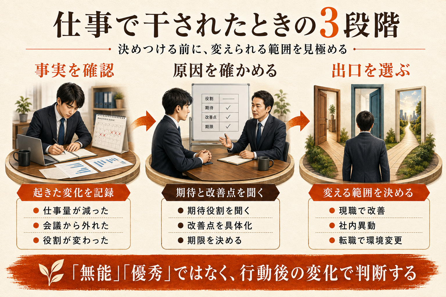 仕事で干されたときに事実・原因・改善可能性の3段階で判断する図解