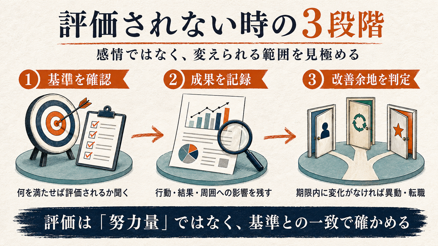 仕事で評価されない時に基準・成果・改善余地の3段階で判断する図解