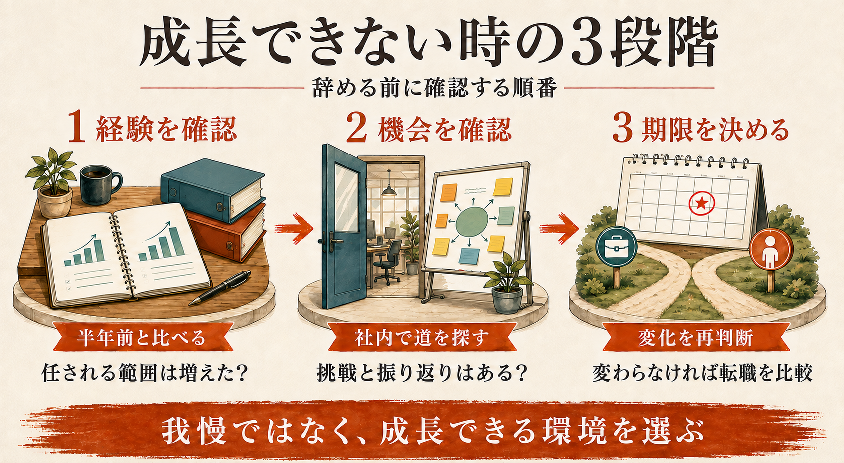 仕事で成長できない時に経験・機会・期限の3段階で判断する図解
