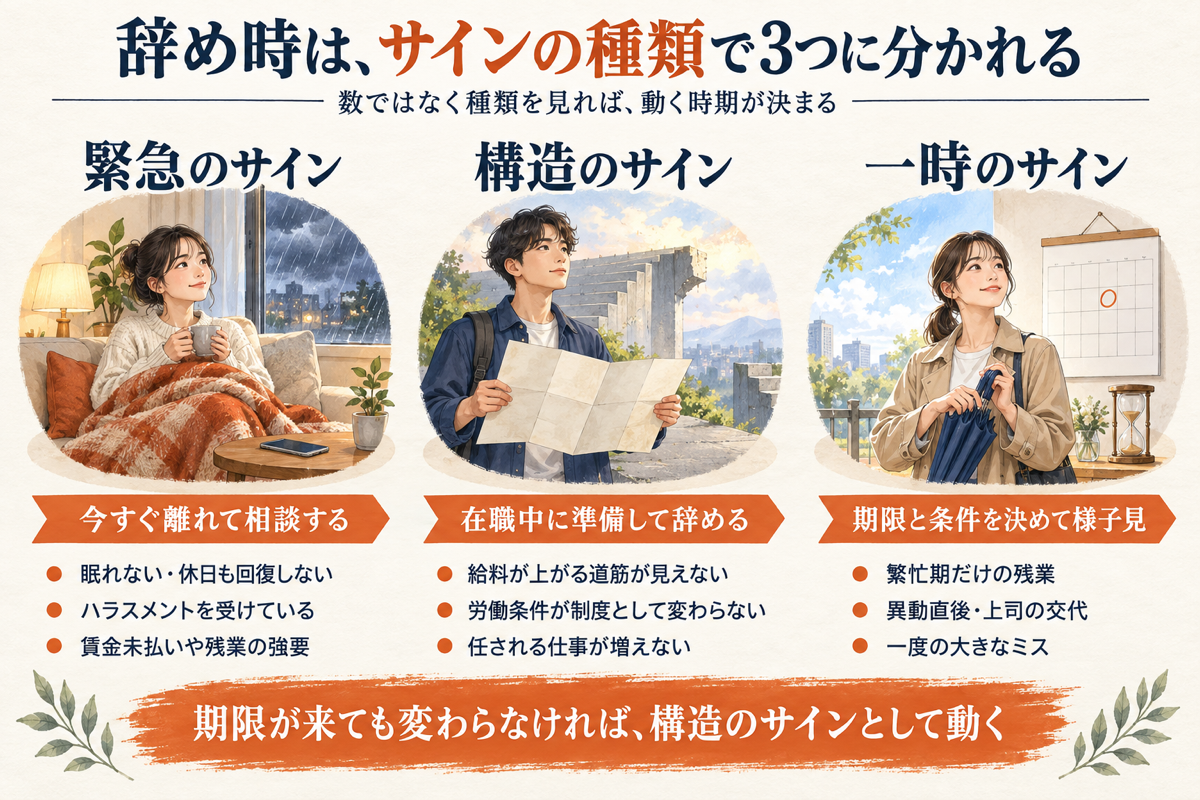仕事の辞め時を、緊急のサイン・構造のサイン・一時のサインの3種類に分け、それぞれの動き方を示した図