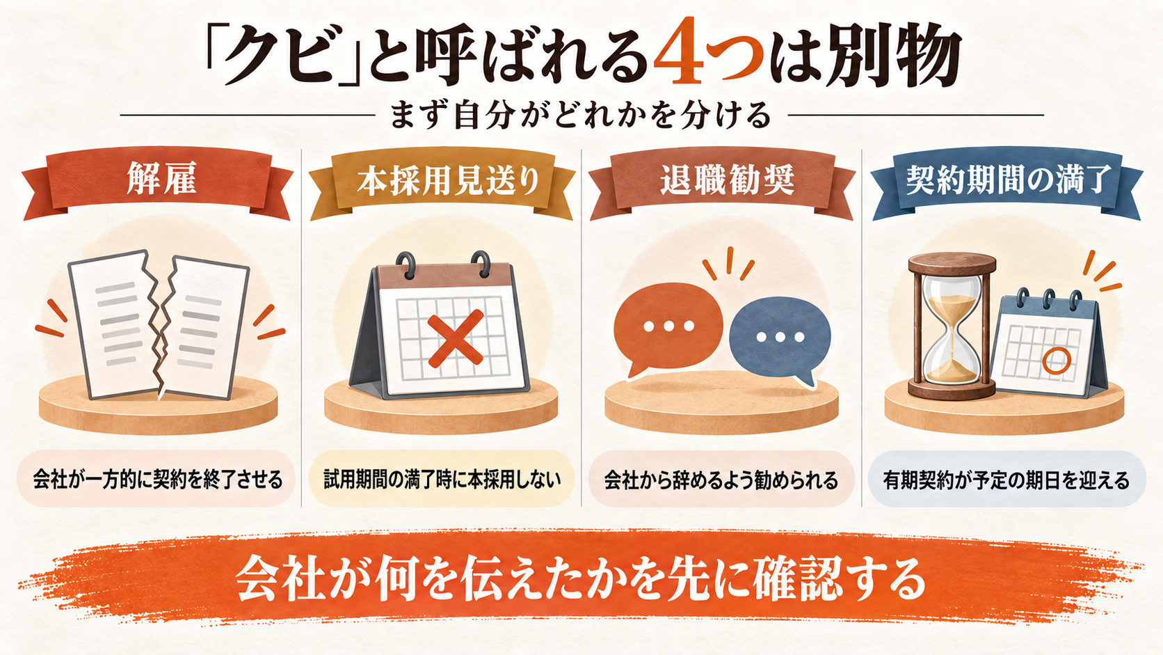 「クビ」と呼ばれる4つ(解雇・本採用見送り・退職勧奨・契約期間満了)の違いを整理した図