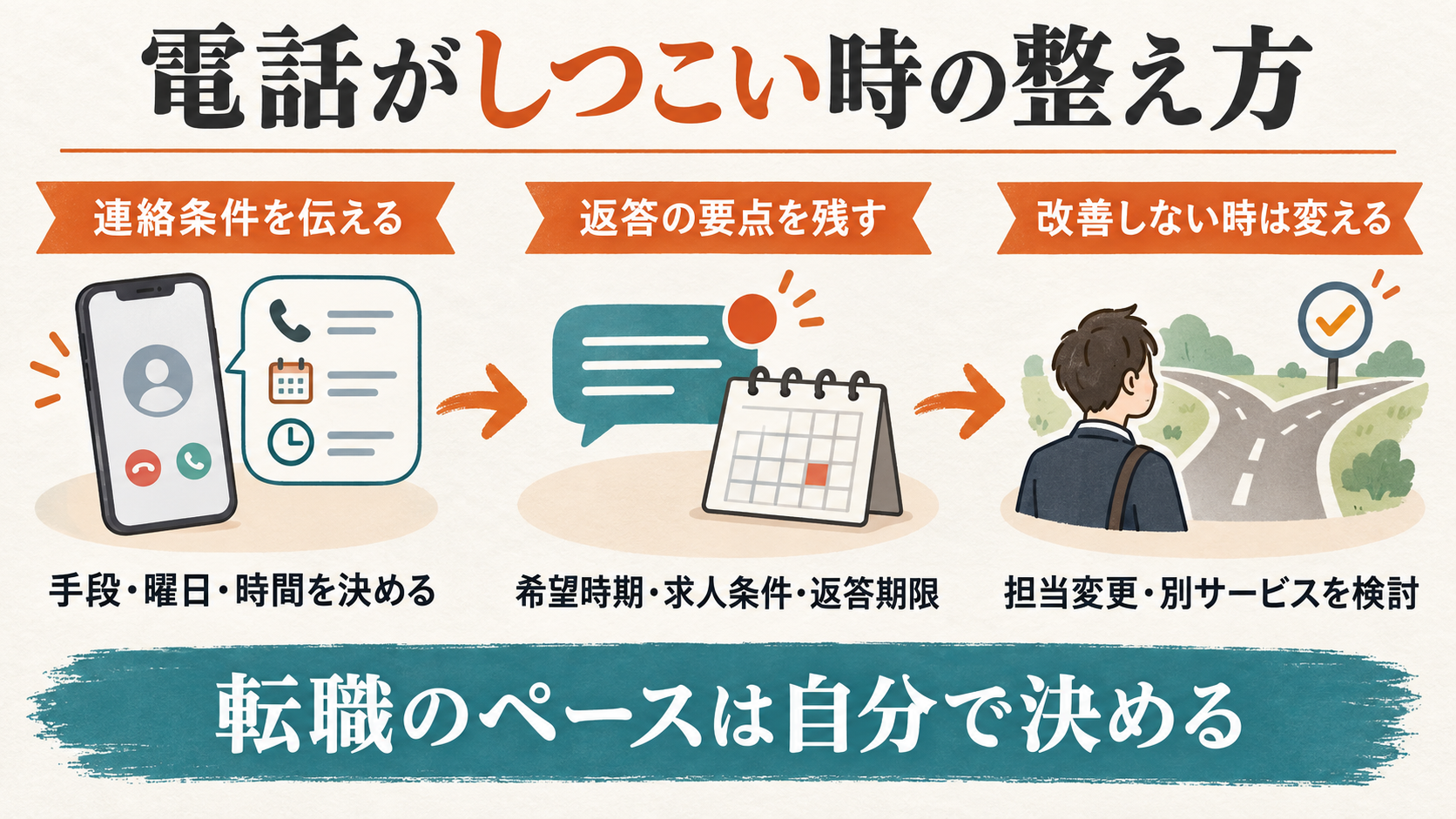 転職エージェントの電話がしつこい時に連絡条件、返答、相談先を整える図解