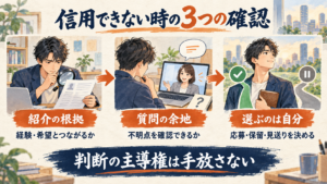 転職エージェントが信用できない時に紹介の根拠・質問の余地・自分の判断を確認する図解