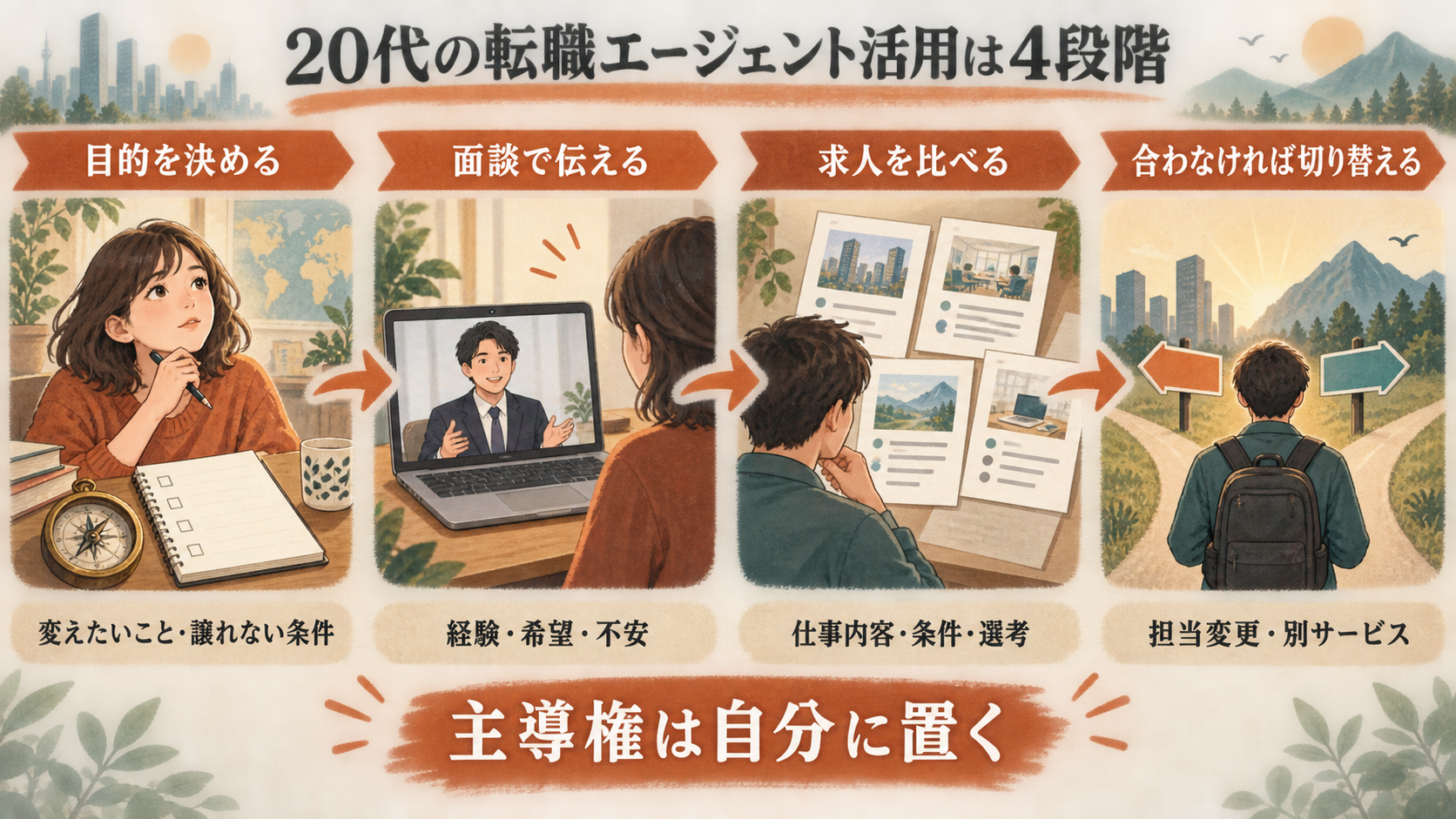 20代が転職エージェントを目的決め・面談・求人比較・切り替えの4段階で使う図解