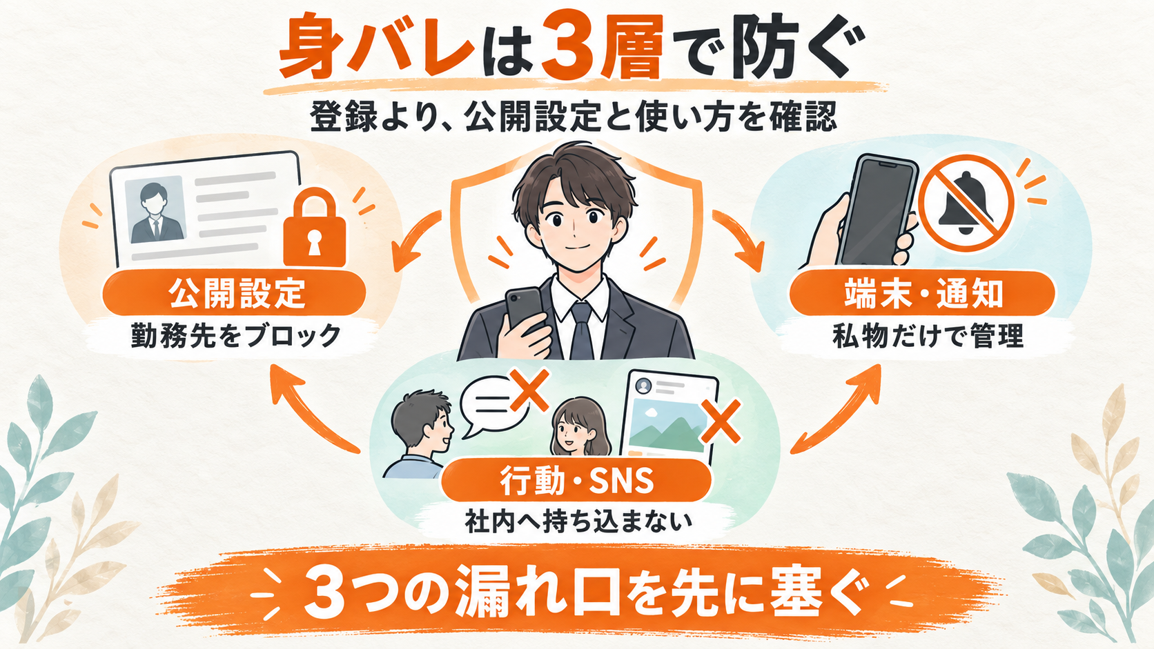 転職サイトの身バレを公開設定・端末と通知・行動とSNSの3層で防ぐ図解