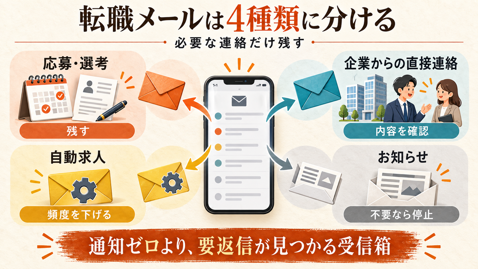 転職サイトのメールを応募・選考、企業からの直接連絡、自動求人、お知らせに分ける図解